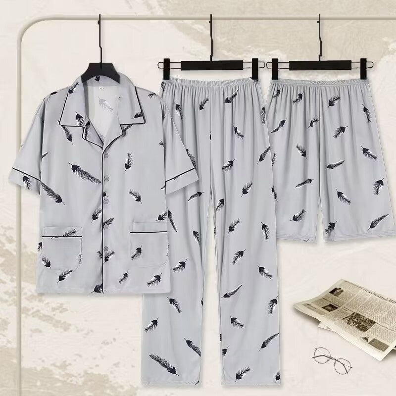 Three-piece Pajamas Men's Summer Pure Cotton Short Sleeve Trousers Suit