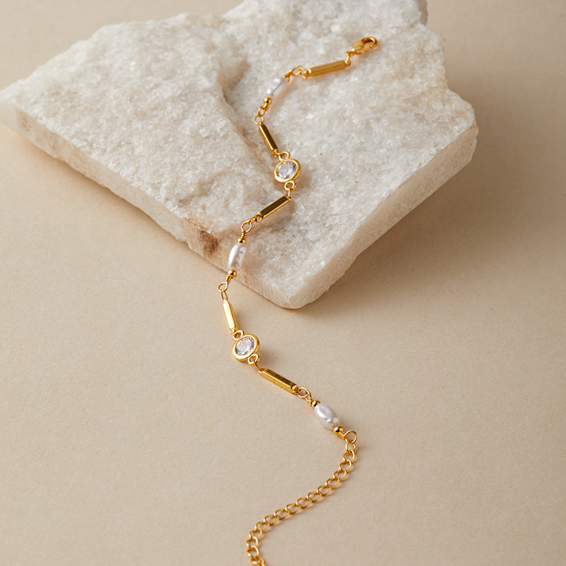 Women's 18K Gold Color Bracelet – Round Zircon & Pearl Copper Design