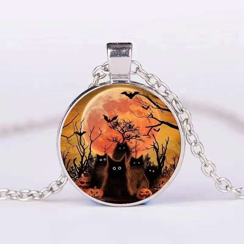 Halloween Pumpkin Ghost Bat Necklace – Round Clavicle Pendant Jewelry for Men and Women