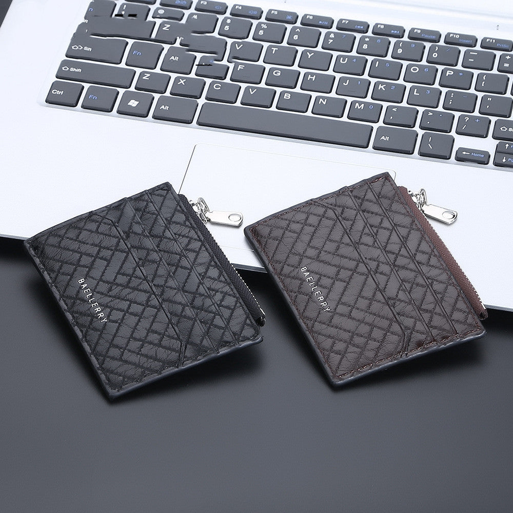 Men's Slim PU Leather Plaid Card Bag With Zipper Clip