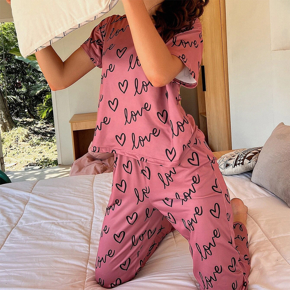 Women's Printed Round Neck Short-Sleeved Top and Trousers Two-Piece Loungewear Set