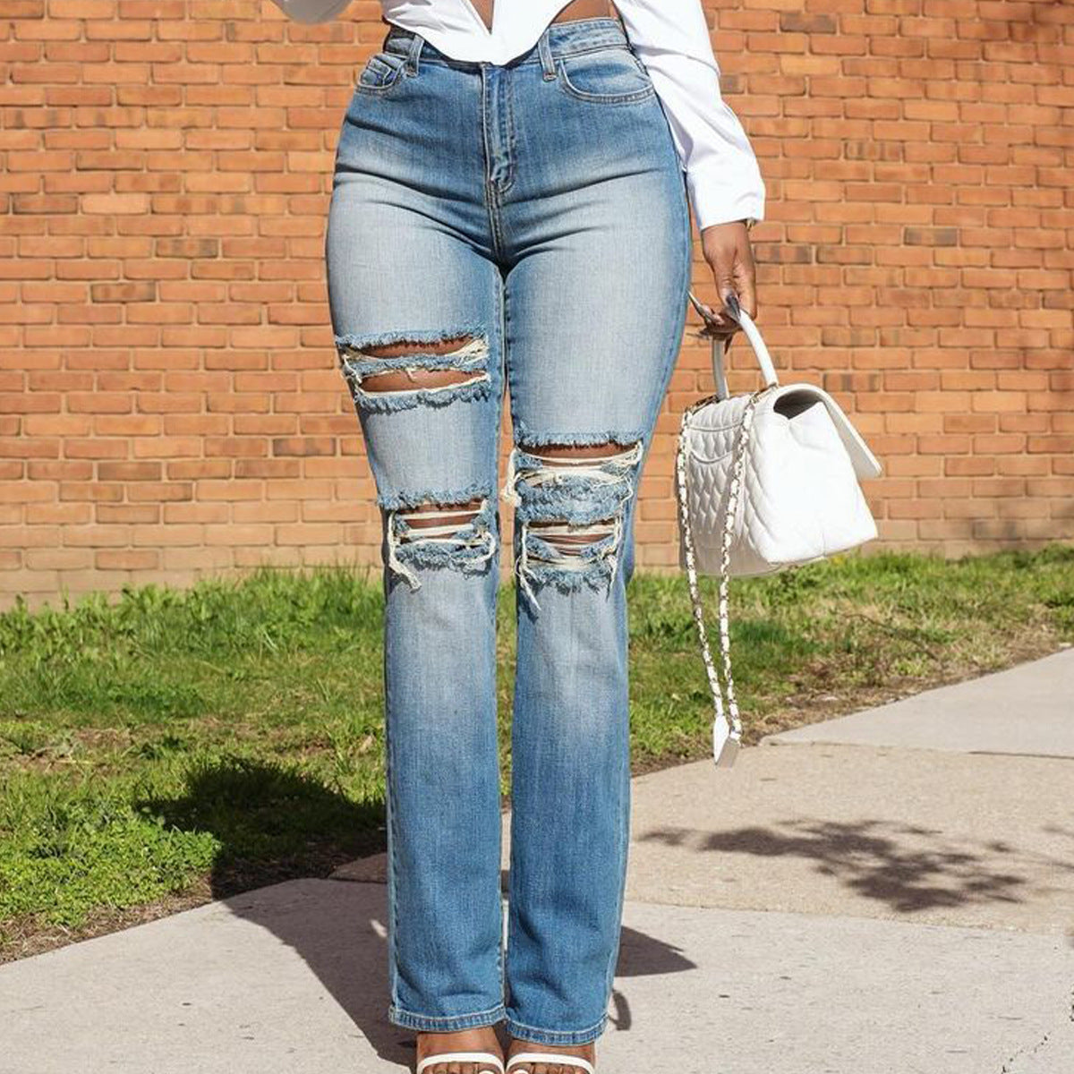 High Waist Light Blue Street Style Jeans – Slim Fit with Distressed Finish
