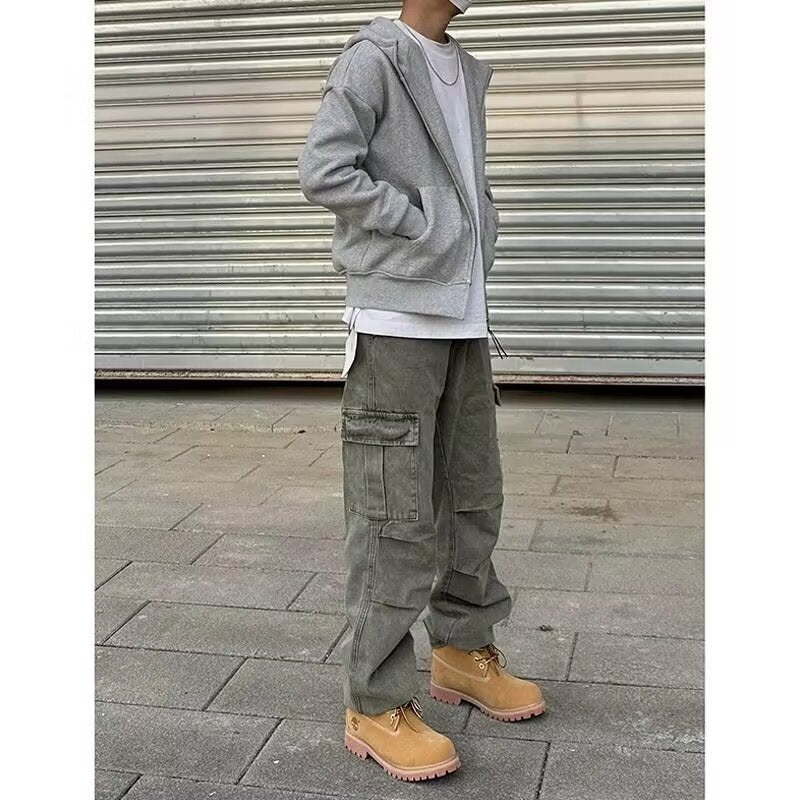 Men’s Retro Casual Denim Pants – Heavy Stone Washed Loose Straight Jeans