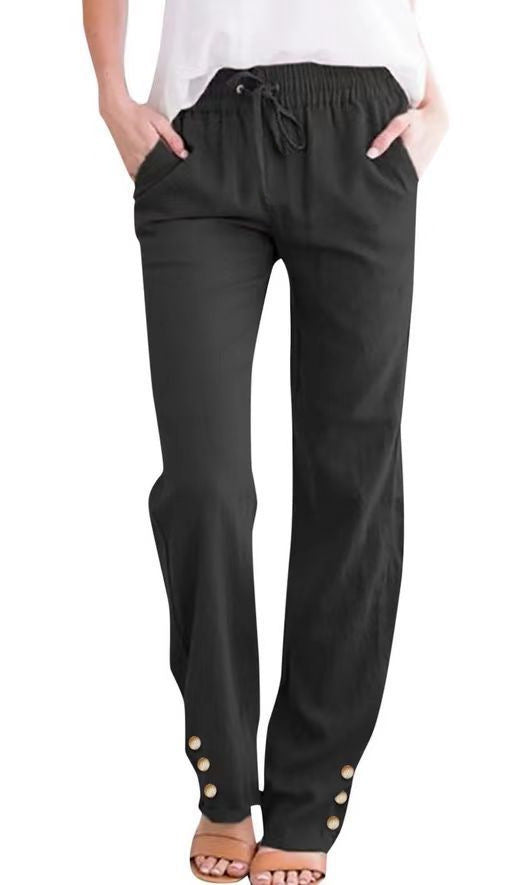 Women’s Cotton-Linen Casual Straight-Leg Pants with Straps