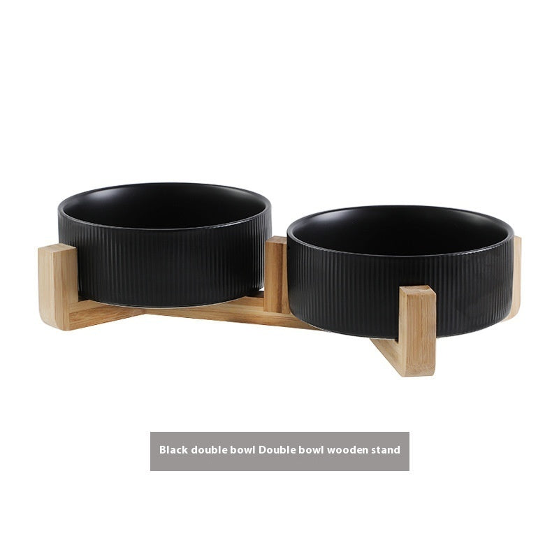 Pet Simple Wooden Frame Anti-tumble Ceramic Bowl