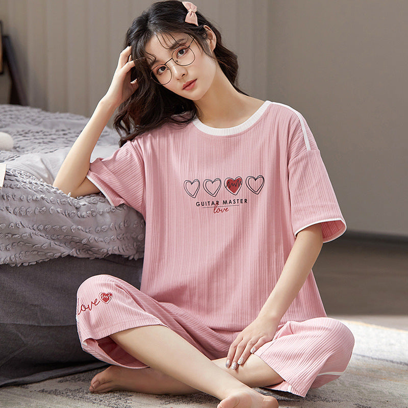 Women's Casual Cotton Short Sleeve Cropped Pants Loungewear Set