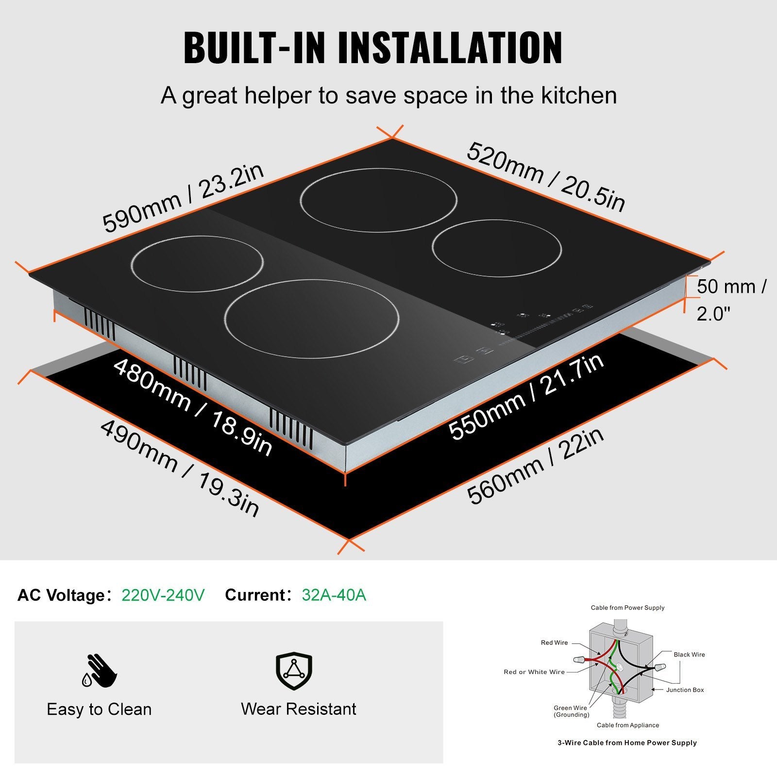 VEVOR Built In Electric Stove Top, 20 X 11.6 Inch 2 Burners, 240V Glass Radiant Cooktop With Sensor Touch Control, Timer & Child Lock Included, 9 Power Levels For Simmer Steam Slow Cook Fry