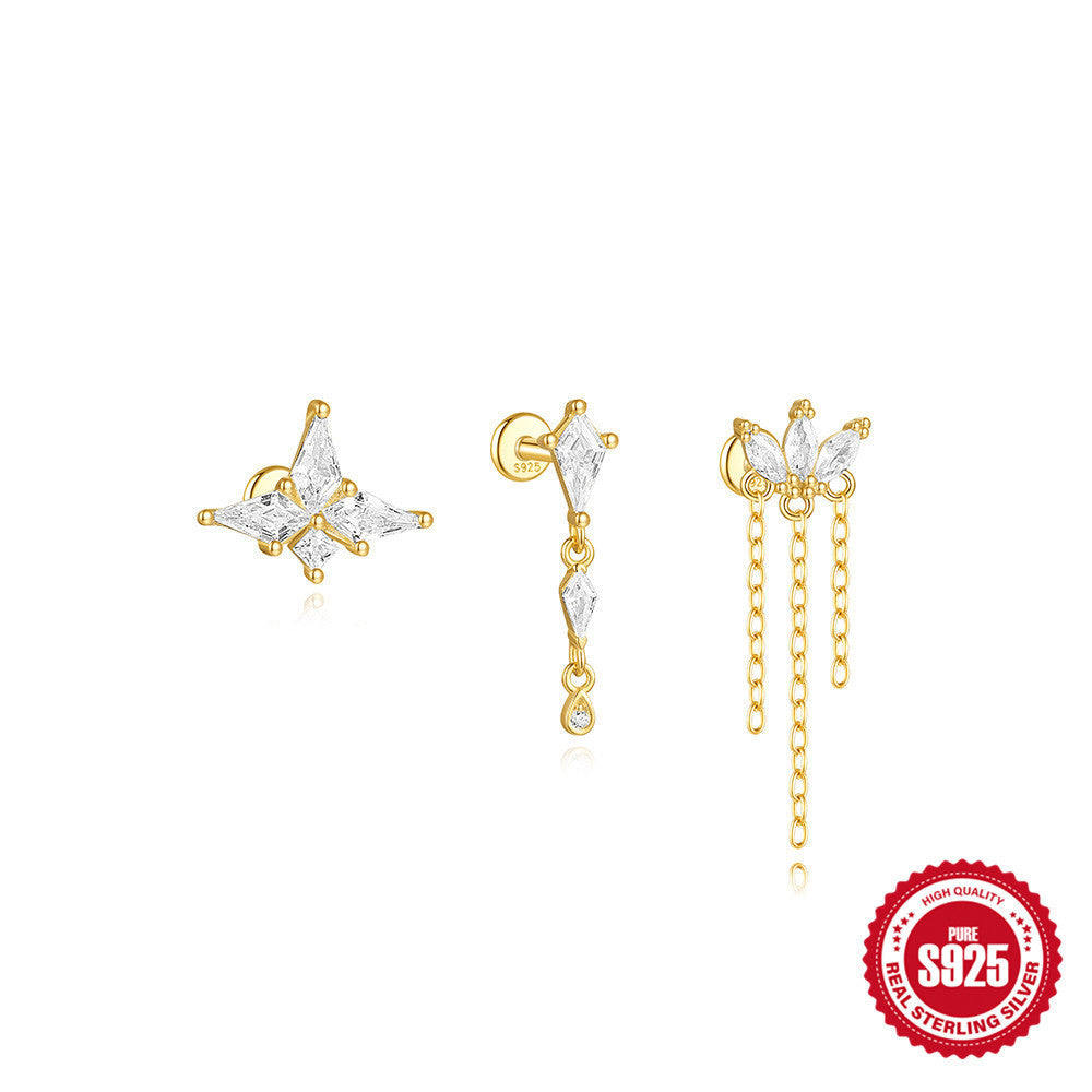 S925 Sterling Silver Geometric Kite Rhinestone-encrusted Chain Tassel Flat Head