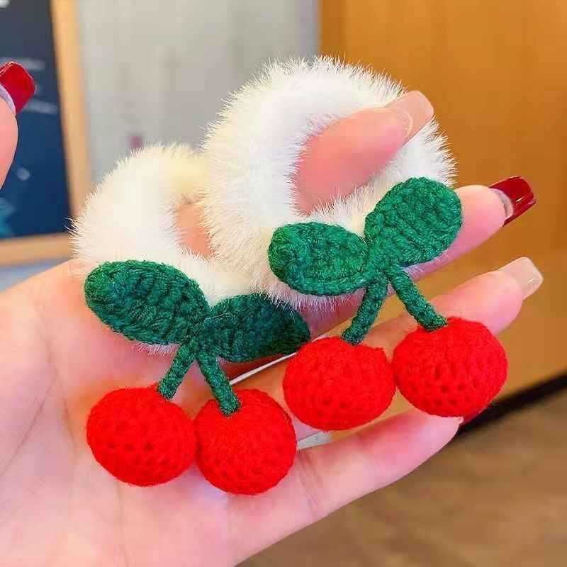 Beige Cherry Plush Hair Ring Children Baby Girl Sweet