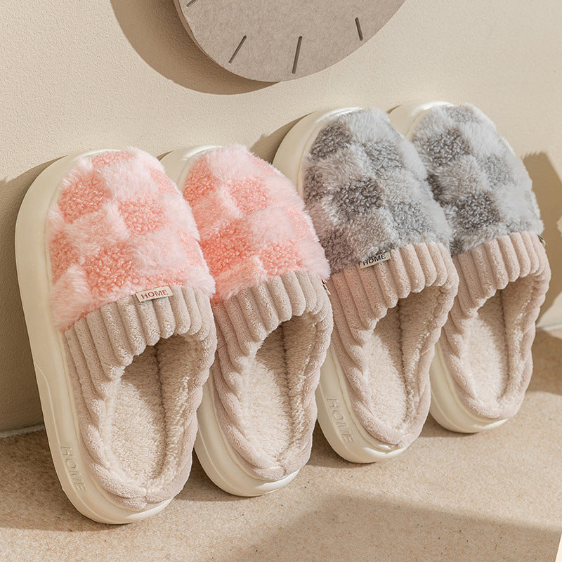 Women’s Plaid Plush Slippers – Indoor Warm Non-Slip Thick Sole Home Shoes Autumn Winter