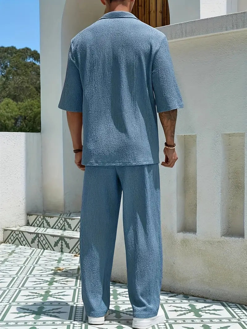 Set Pants Commuter Casual Fir Sheean V-neck Lesh Laueyn Gearr Set Daa-piece Briwnyn Corrugated