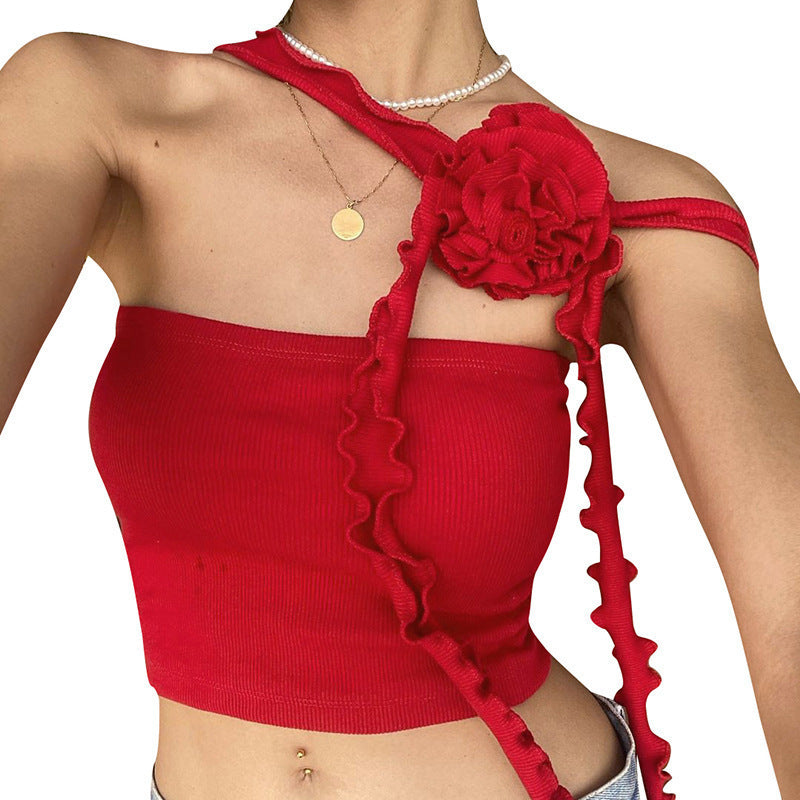 European And American Style Niche Casual Cropped Tank Top Elegant Three-dimensional Flower Knitted Top For Women