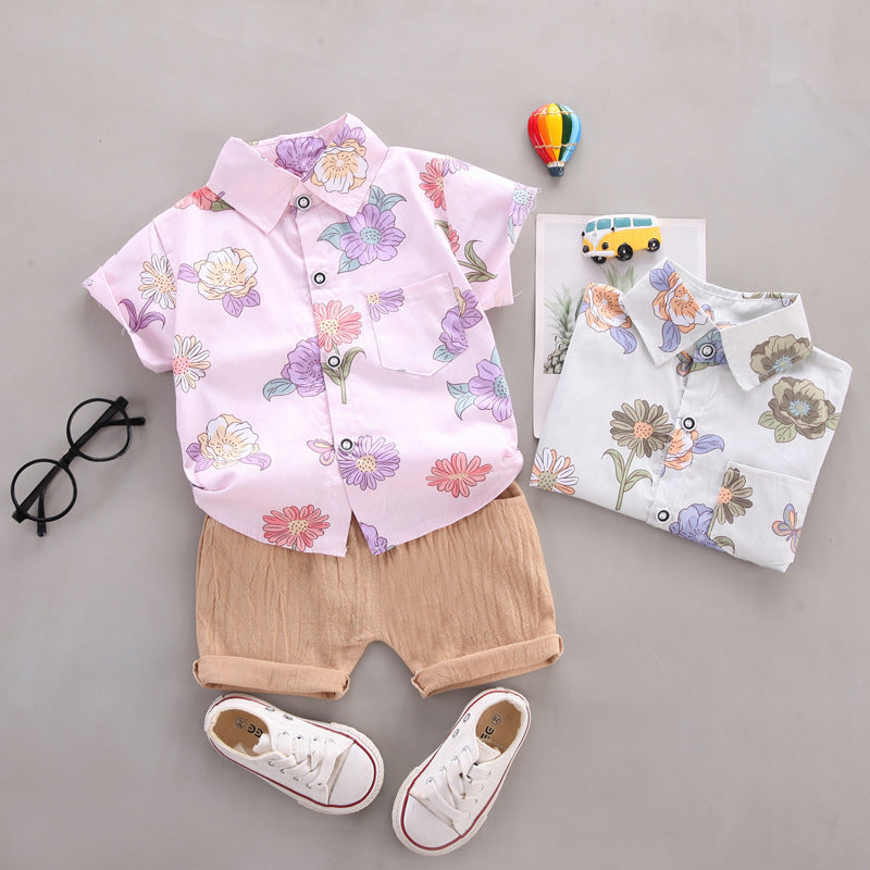 Summer Korean Style Flower Lapel Shirt Two-piece Set