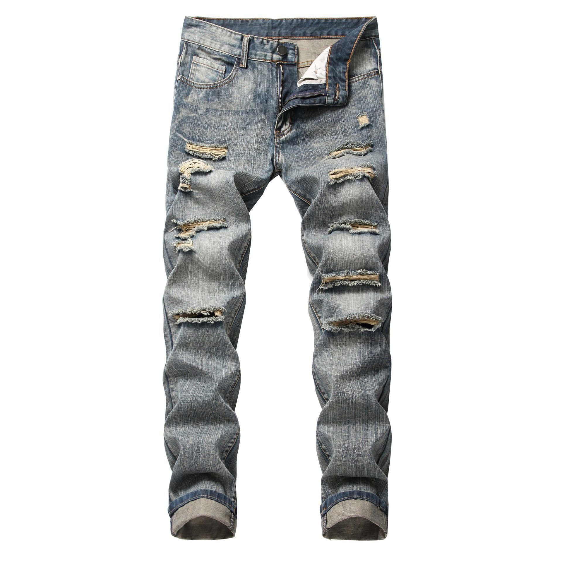 Men’s Slim Fit Ripped Jeans – Straight Non-Stretch Denim Pants