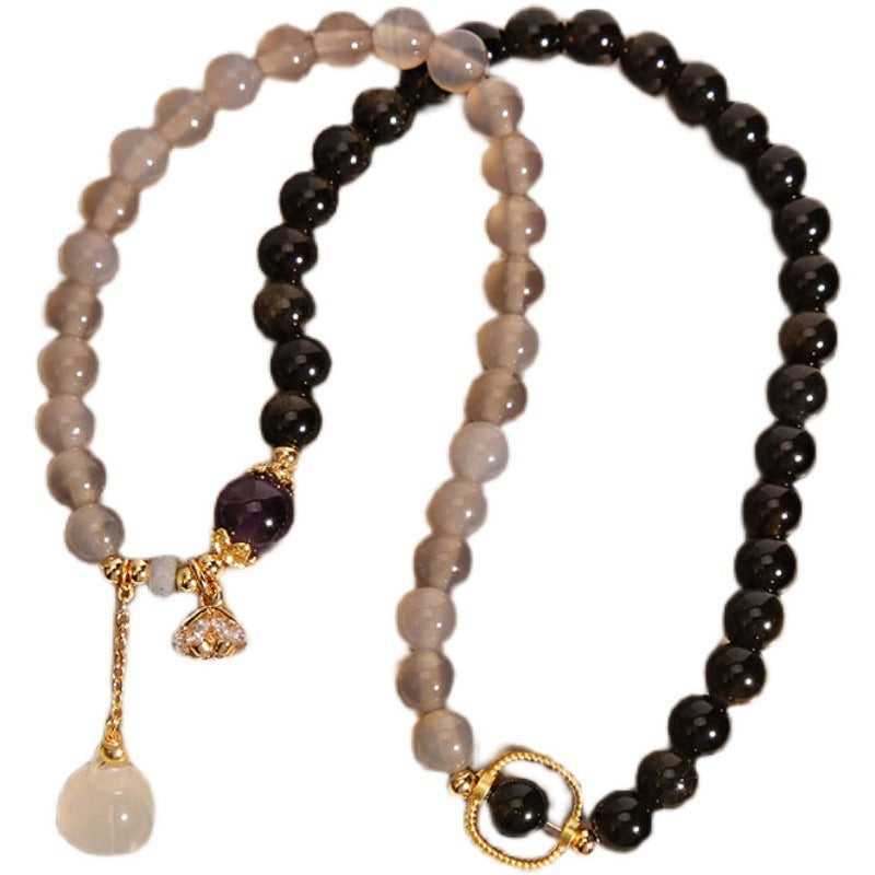 All-Match Gold Obsidian Lotus Seedpod Pendant Natural Gray Agate Double Ring Crystal Bracelet For Women