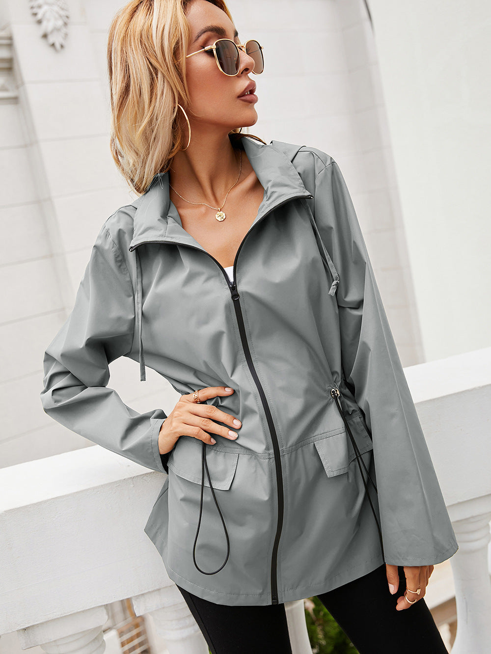 Hooded Zipper Waist Waterproof Raincoat Outdoor Sports Windbreaker Mountaineering Clothing Jacket Jacket Tops For Women
