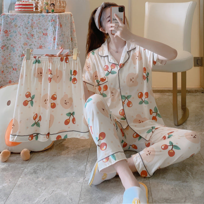 Womens Milk Silk Fruit Print Pajamas Short Sleeve Relaxed