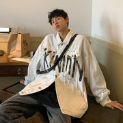 Graffiti Letter Printing Handsome High Street Denim Jacket For Young Men Baggy Coat