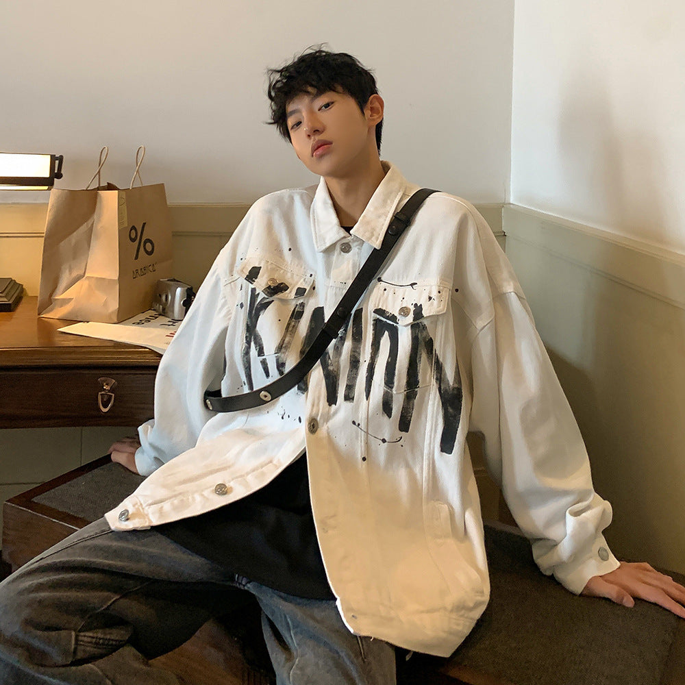 Graffiti Letter Printing Handsome High Street Denim Jacket For Young Men Baggy Coat