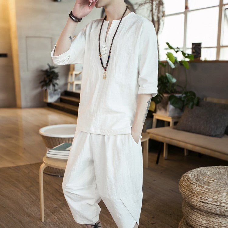 Loose Disc Button V-neck Short-sleeved Bloomers Suit