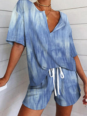 Unisex V Neck Short Sleeve Home Wear Set Blue Print Acetate