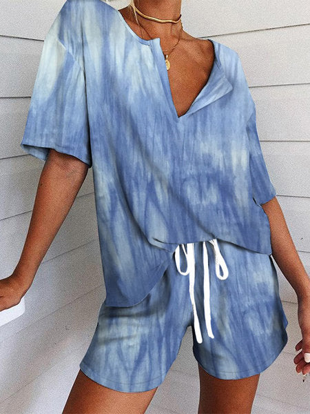 Unisex V Neck Short Sleeve Home Wear Set Blue Print Acetate