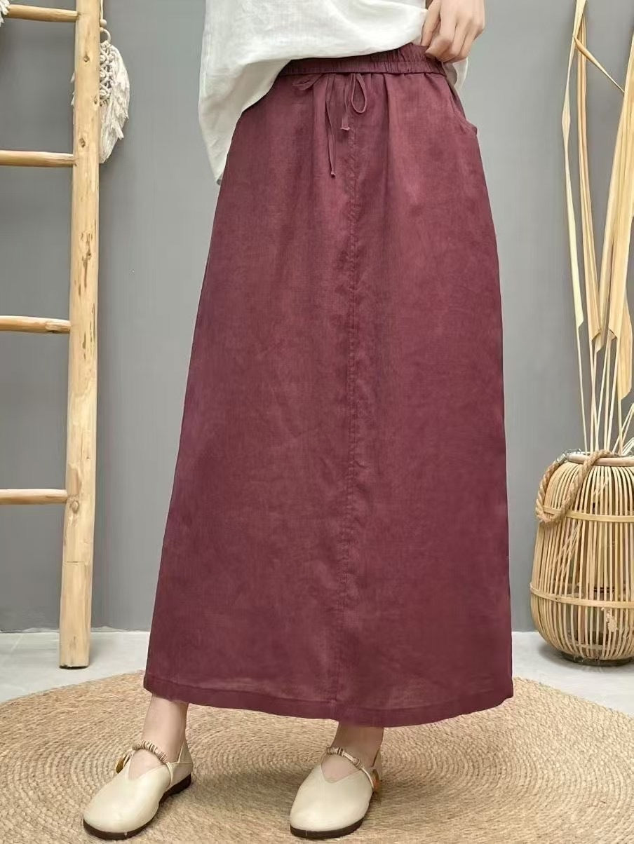 Women’s Linen Long Skirt – Solid Color Elastic Waist Maxi Skirt