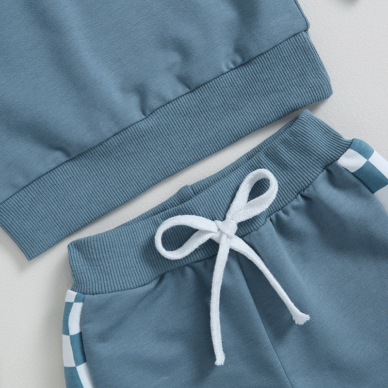 Kids Chessboard Patchwork Sweater Sweatpants Polyester Set