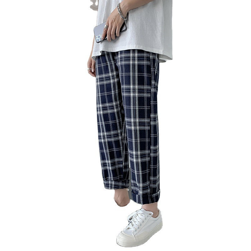 Men’s Loose Plaid Cargo Pants – Summer Straight Ankle-Length Leisure Trousers