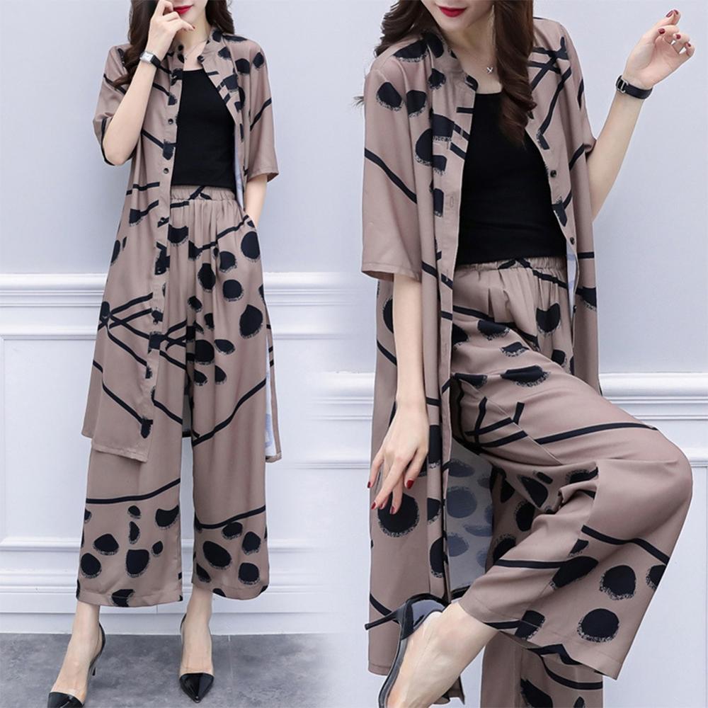 Casual Plus Size Cardigan Top Wide Leg Pants Suit