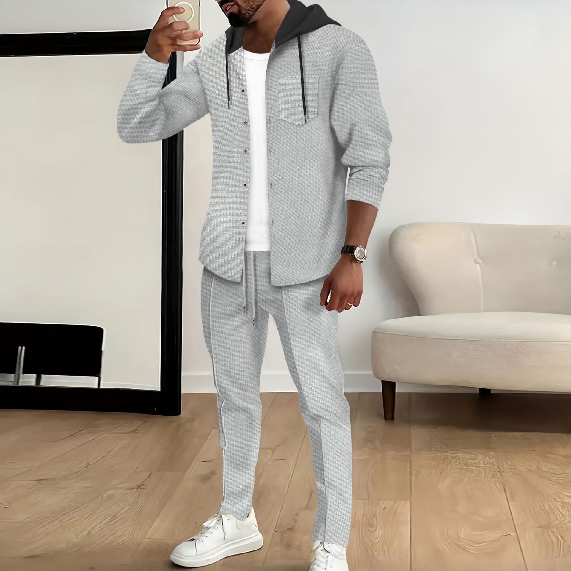 Men's Casual Hooded Color Block Long Sleeve Cardigan Jacket Trousers Suit