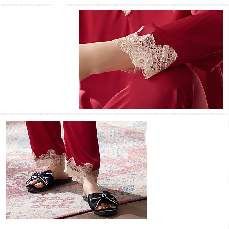 Faux Silk Long Sleeve Two Piece Pullover Lace Loungewear