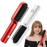 USB Rechargeable Hot Air Comb 2-in-1 Portable Hair Dryer Brush and Straightener Curler