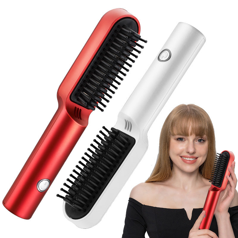 USB Rechargeable Hot Air Comb 2-in-1 Portable Hair Dryer Brush and Straightener Curler