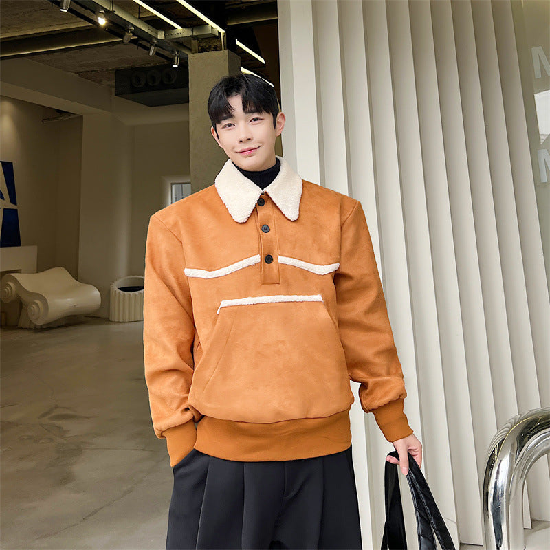Ins Wind Faux Lambswool Fleece Lapel Pullover Sweater Jacket Men