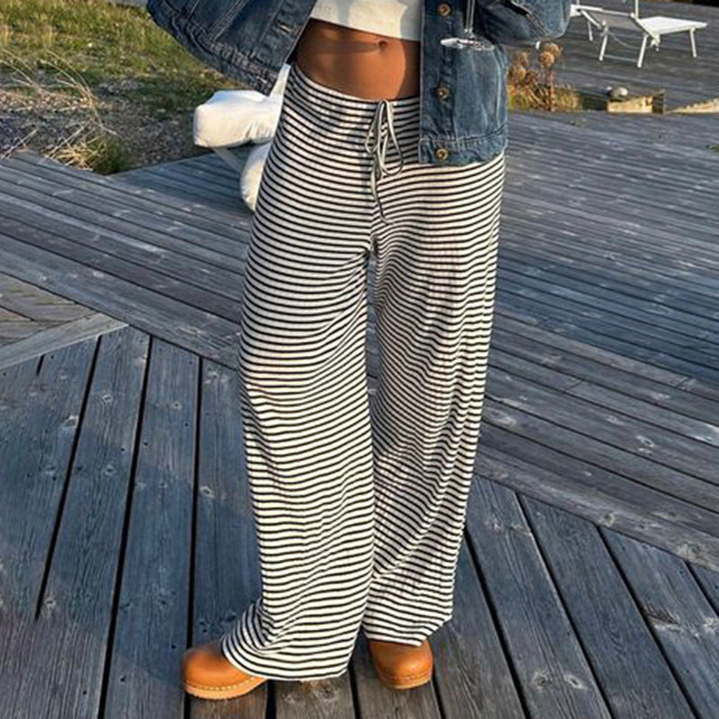 Women’s Striped Wide-Leg Pants – Y2K Lace-Up High-Waist Casual Trousers