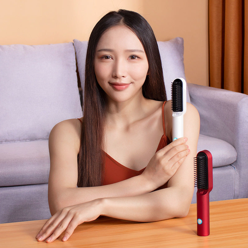 USB Rechargeable Hot Air Comb 2-in-1 Portable Hair Dryer Brush and Straightener Curler