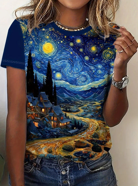 European And American Butterfly Print Crew Neck T-shirt Top Bottoming Shirt For Women