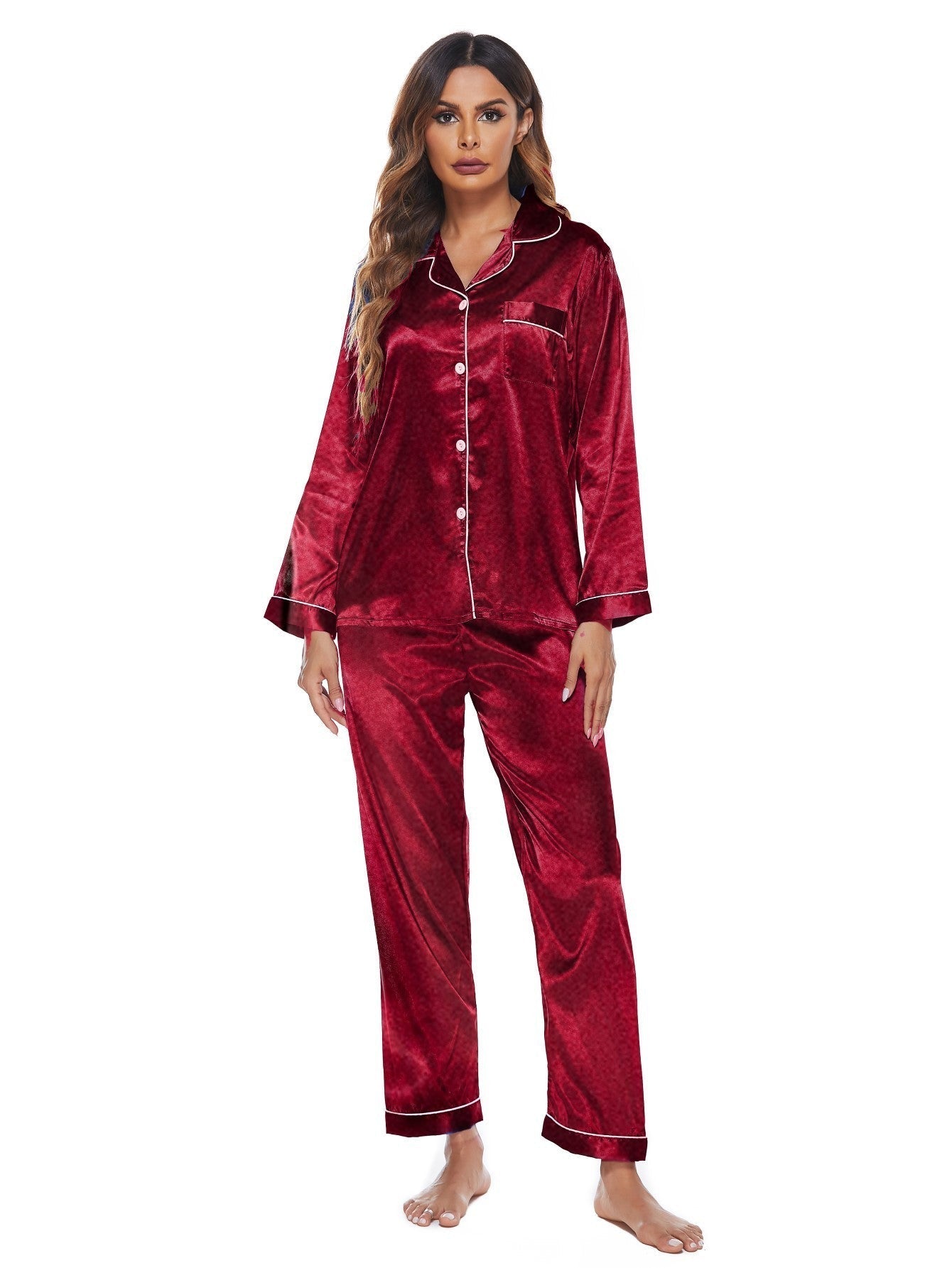 Women's Button Front Imitation Silk Pajama Set Relaxed