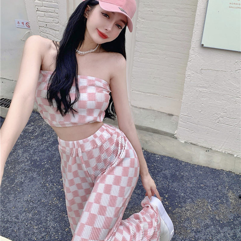 Top Plaid Pleated Wide Leg Pants