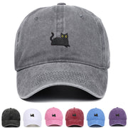 Black Cat Embroidered Washed Baseball Cap Sun Hat