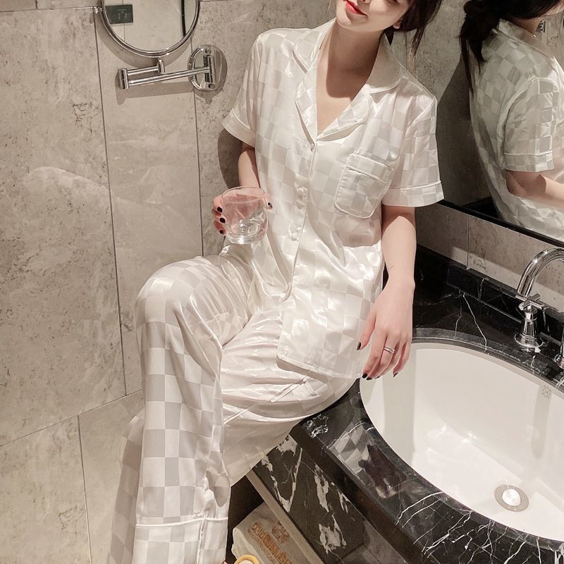 Women's Fashion Jacquard Plaid Ice Silk Home Wear Suit