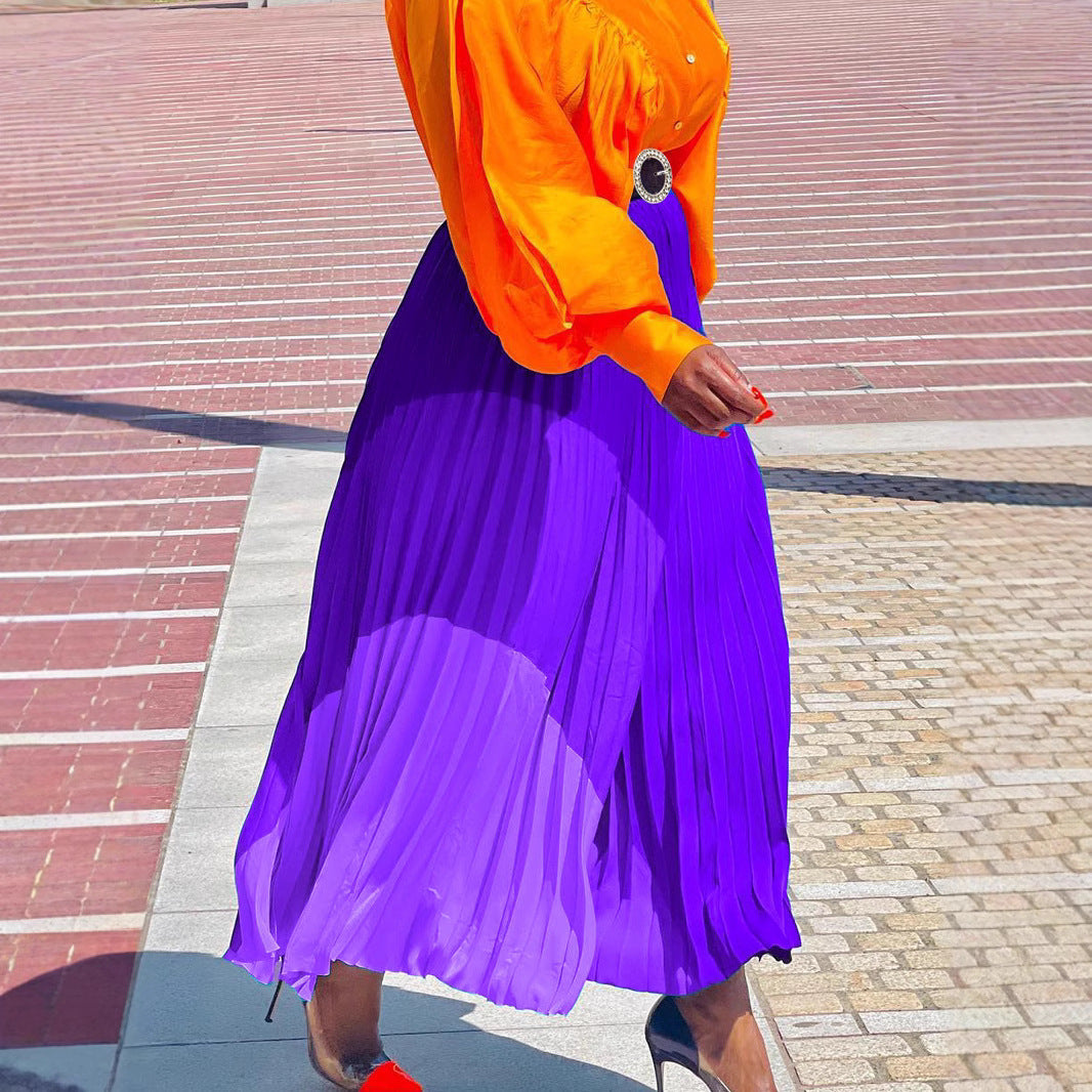 Colorblock Long A-Line Skirt with Belt – Street Fashion Pleated Maxi Skirt