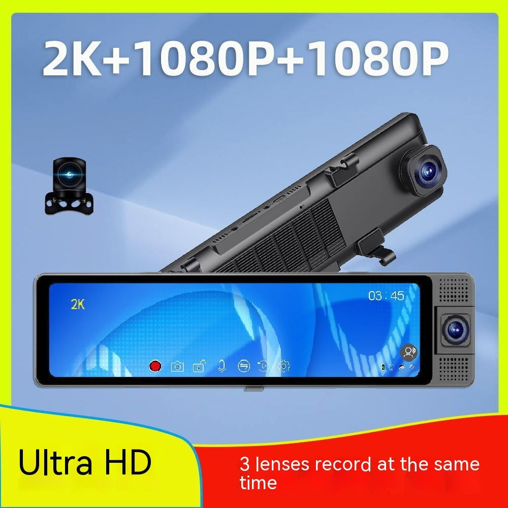 12-Inch 3-Lens Rearview Mirror Dash Cam – 2K HD, Voice Control, Night Vision