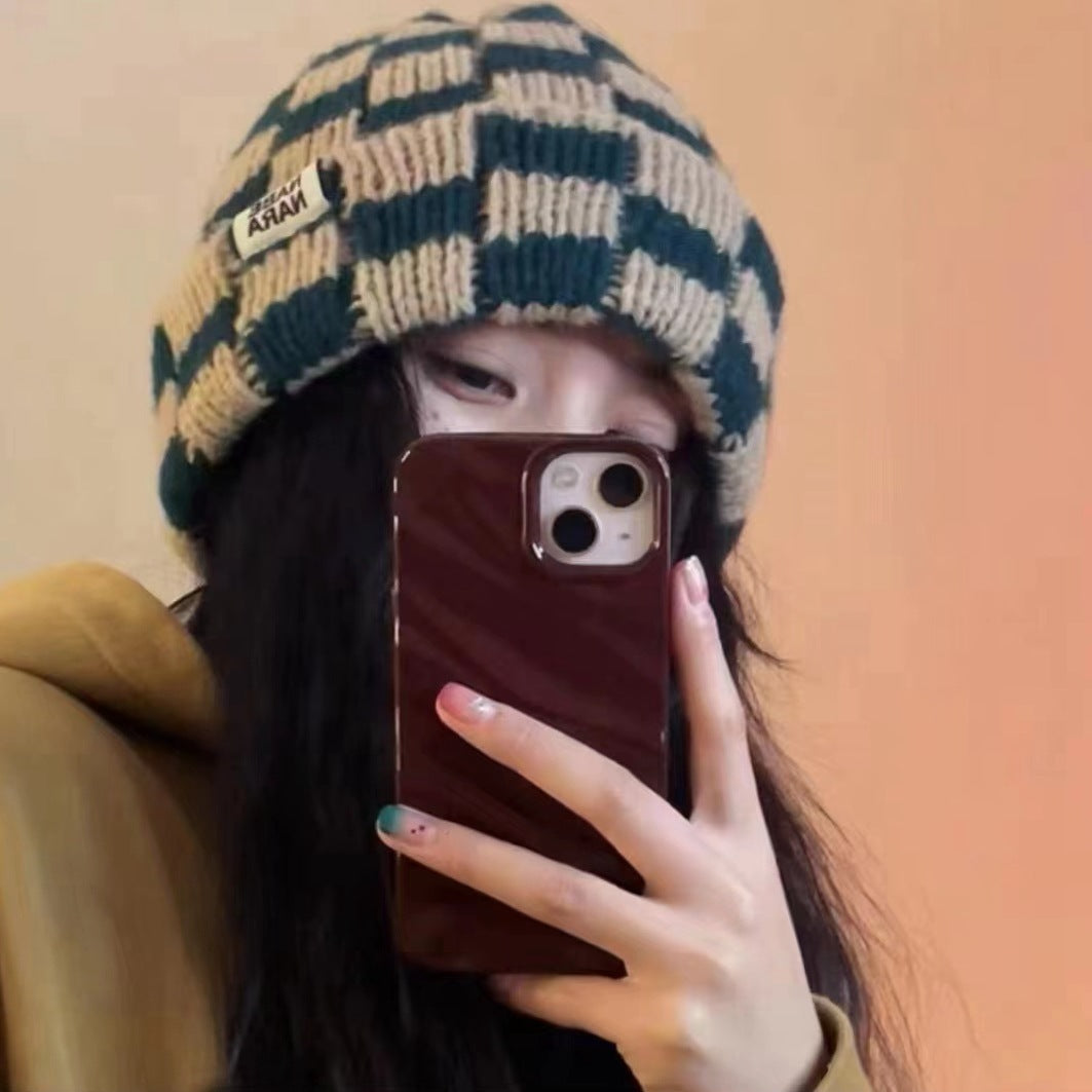 Chessboard Plaid Knitted Hat for Women – Autumn & Winter Korean Style Beanie