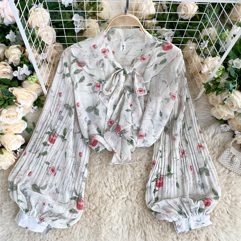French Retro Girly Age-reducing Blouse Women V-neck Bow Tie Lantern Long-sleeved Pure Printed Western Style Shirt Women