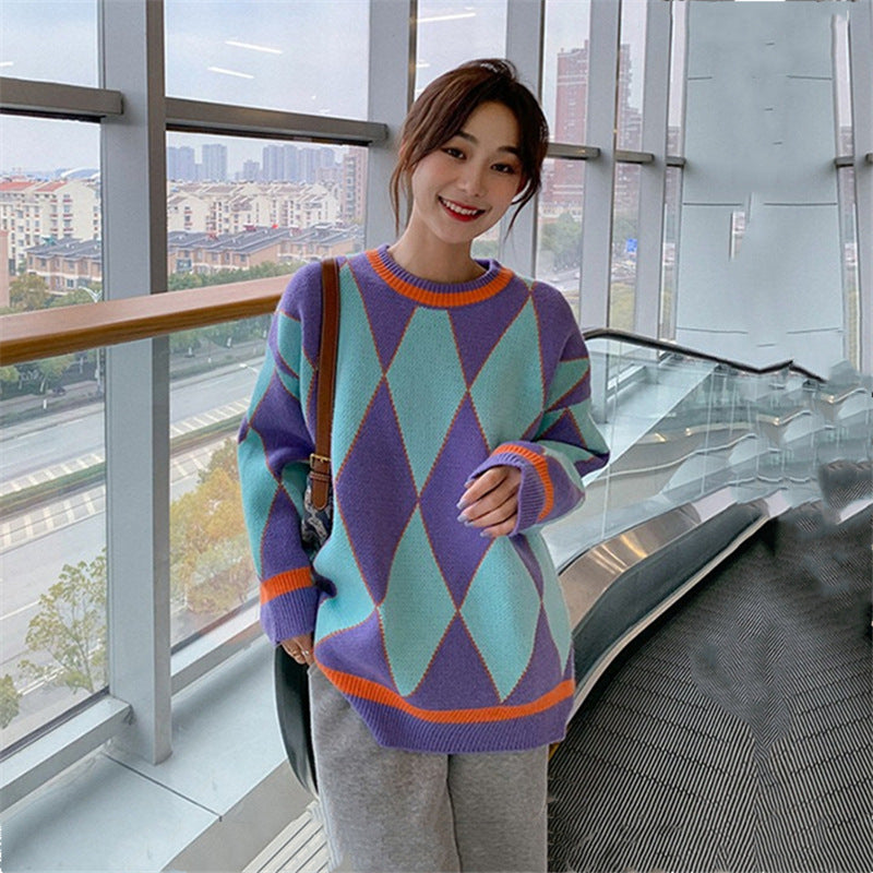 Retro Diamond-shaped Contrast Color Pullover Women