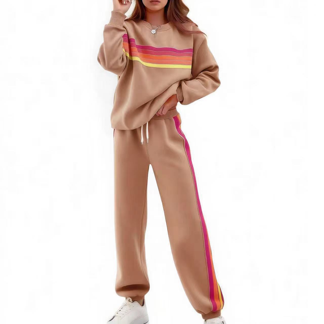 Unisex Round Neck Relaxed Striped Polyester Sweater Pants