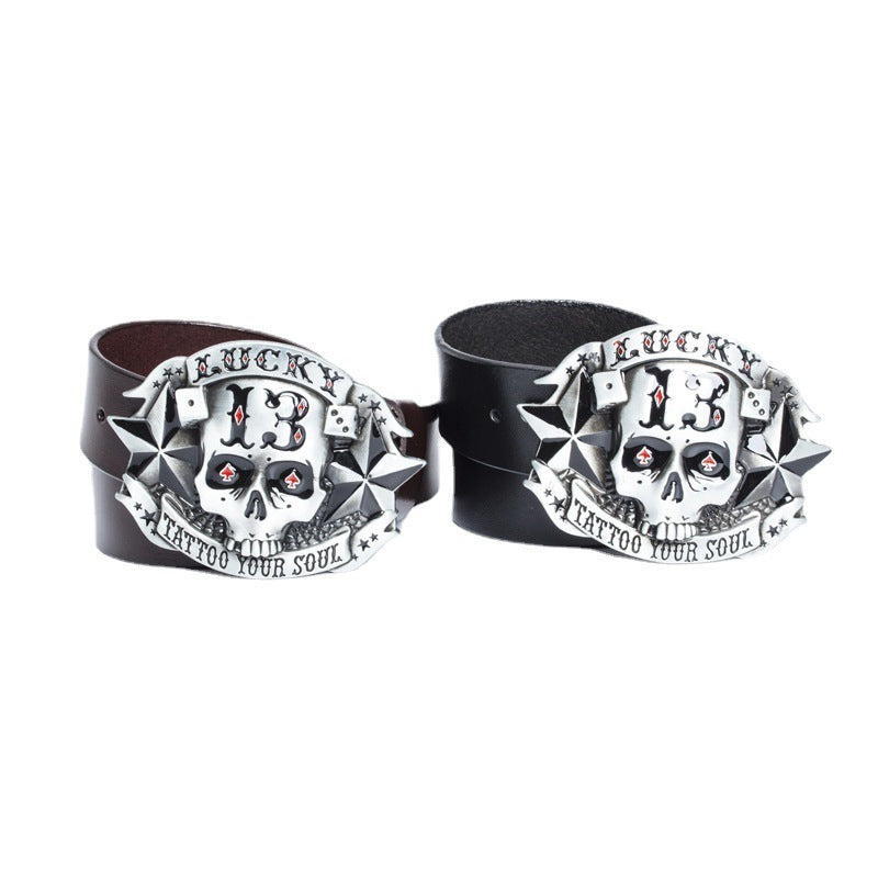 Genuine Leather Skull Belt – Smooth Buckle, Alloy Hardware