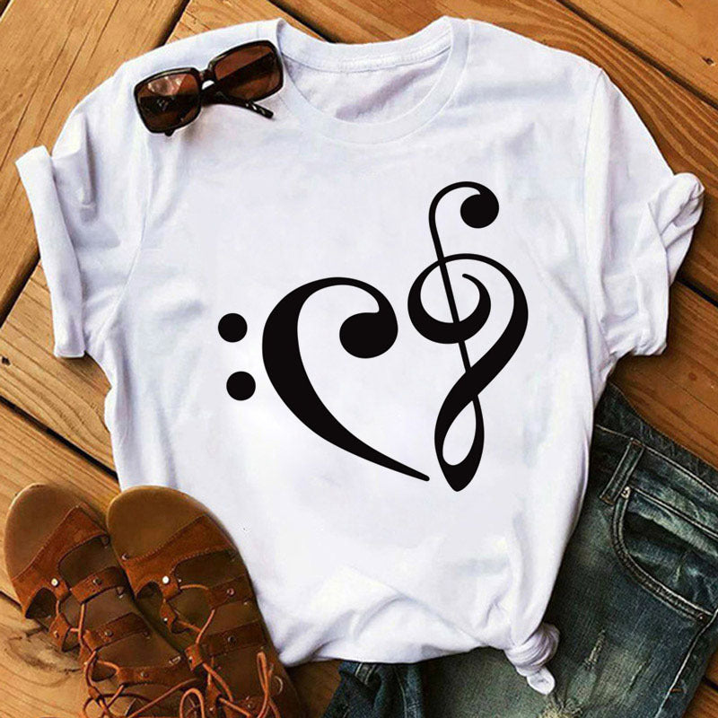 Womens Relaxed Fit Cotton Music Note Print Tee
